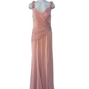 JVN by Jovani Pink Cold Shoulder Pleated High Slit Long Dress